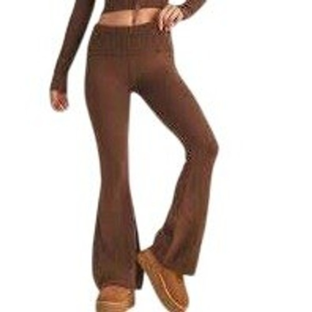 OQQ Brown Ribbed Flare‎ Women Leggings High Waisted Fold Over Yoga Pants Small